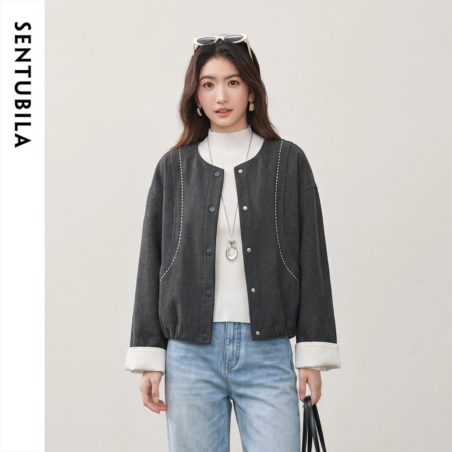 SENTUBILA Women's Winter Padded Jacket 2026 Color Contrast Curved Stitch Drop Shoulder Coat Gray Round Neck Overcoat W64MI8642