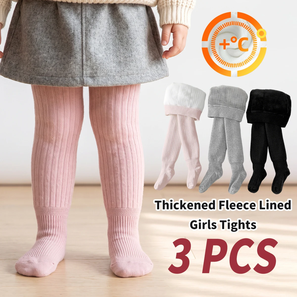3 Stück dicke, mit Fleece gefütterte Mädchen-Strumpfhosen, einfarbige warme Winter-Strumpfhosen, Baby-Kinder-Thermo-Leggings mit Fuß für den täglichen Gebrauch. – Detail 1