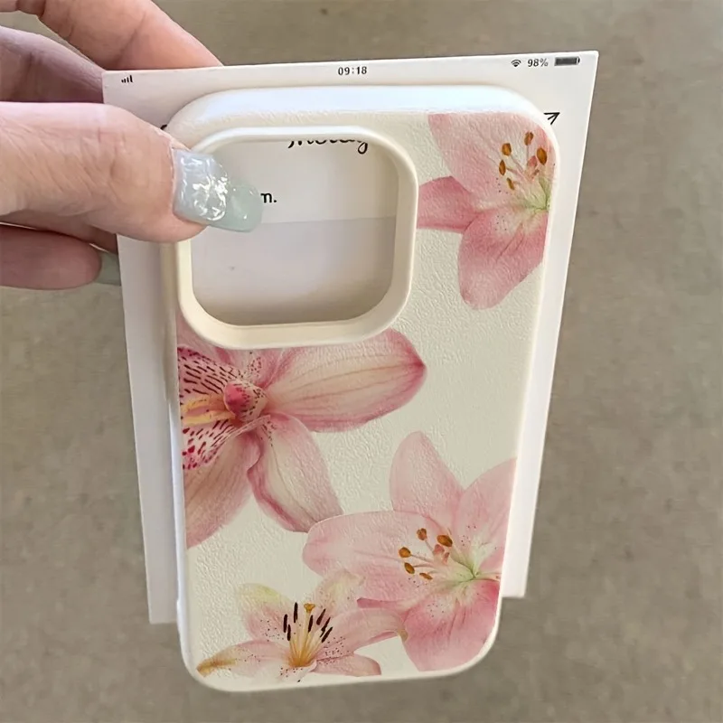 Custodia per telefono con texture litchi fiore di giglio rosa per iPhone 17 Pro Max 11 12 13 14 15 16 Pro 17 Air 15 14 Plus X XS XR 16E Cover morbida