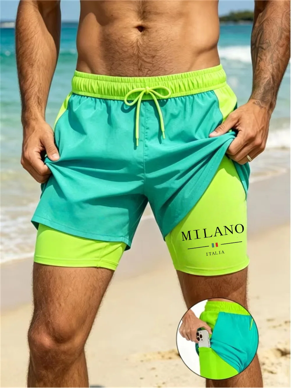 Men Double Layer Swim Trunks Quick Dry Compression Liner Board Shorts Summer Surfing Beach Shorts Drawstring Sport Bathing Suit