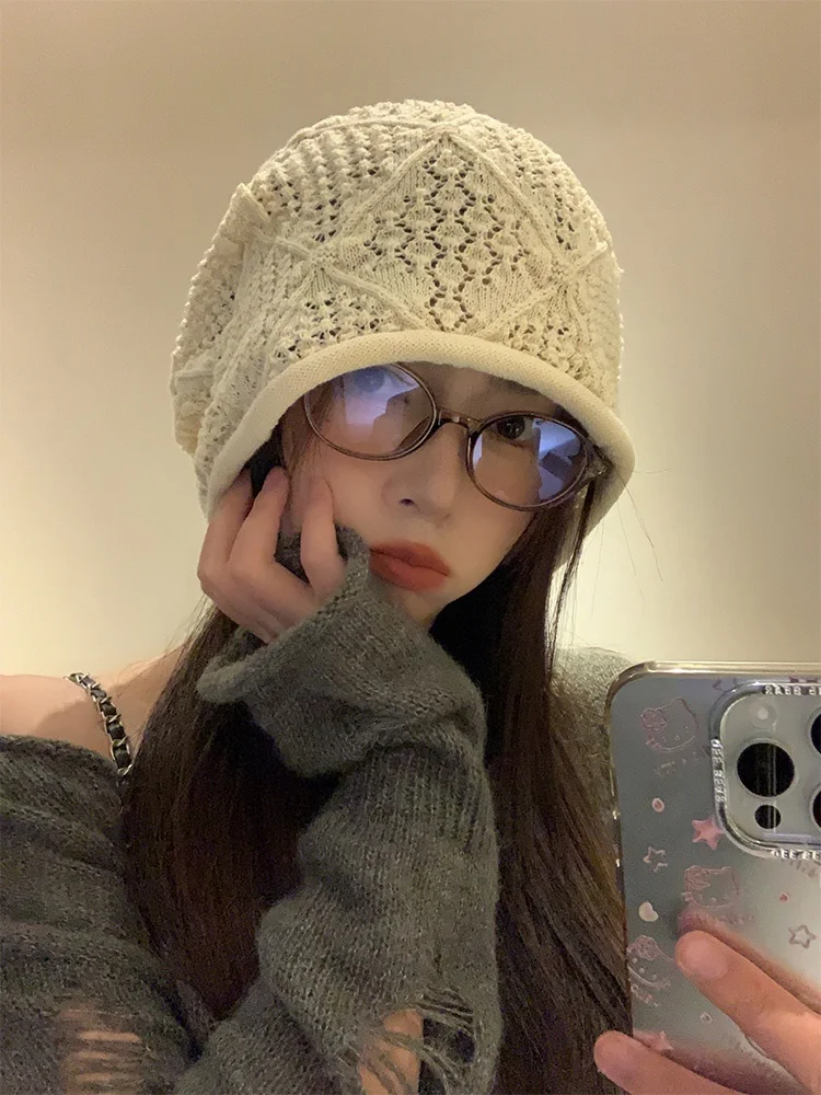 Japanese Style Knitted Bucket Hat Women Summer New Simple Large Head Size Small Face Effect Trendy Cap round Top Casual Hats