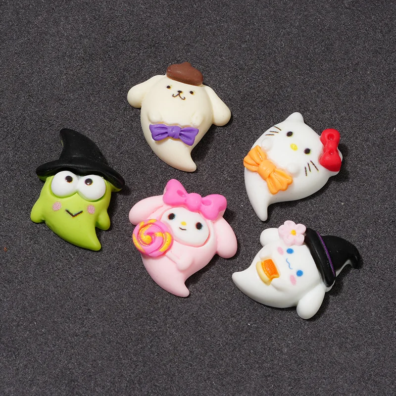 

10Pcs Kawaii Sanrios Halloween Ghost Resin Kt Cat Melody DIY Phone Shell Patch Cartoon Hairpin Accessories Pochacco Kuromi Anime