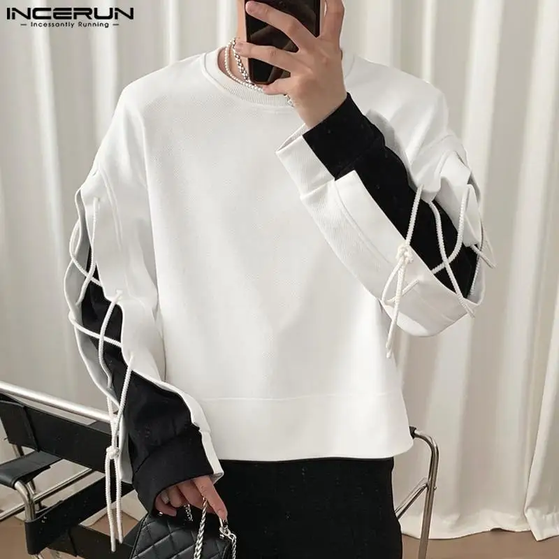 INCERUN Tops 2024 Korean Style New Men\'s Black&White Contrast Color Lace T-shirts Casual Streetwear Loose O-Neck Camiseta S-5XL