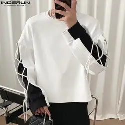 INCERUN Tops 2024 Korean Style New Men's Black&White Contrast Color Lace T-shirts Casual Streetwear Loose O-Neck Camiseta S-5XL