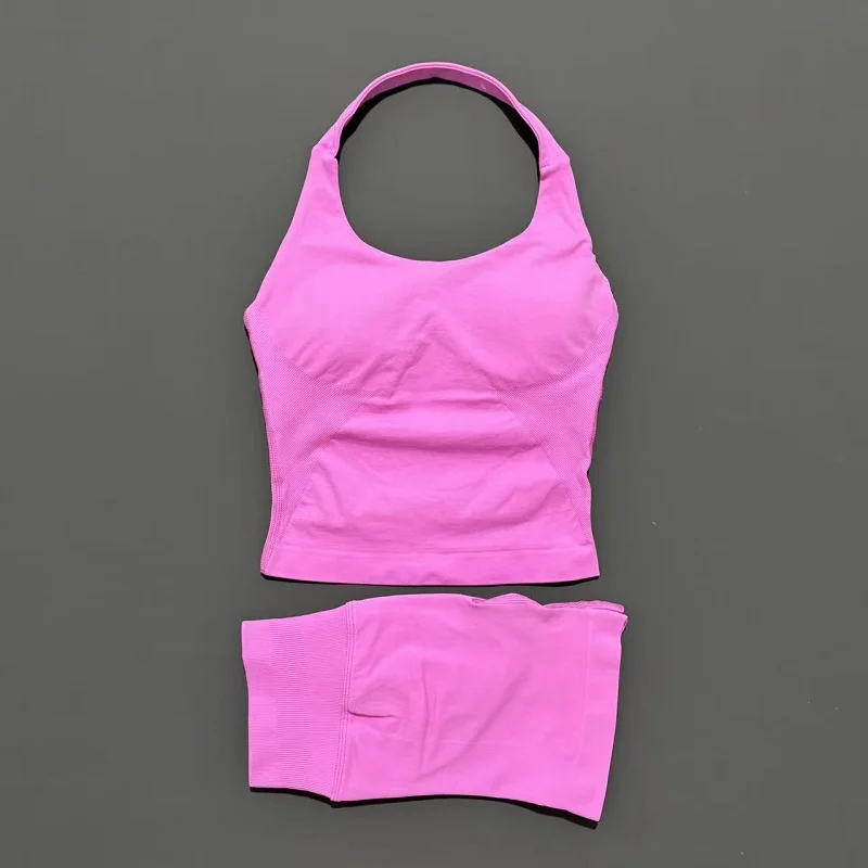 2-delige shorts yogaset dames backless halter tops hoge taille naadloze shorts gympak fitness sportkleding workout sets - afbeelding 1