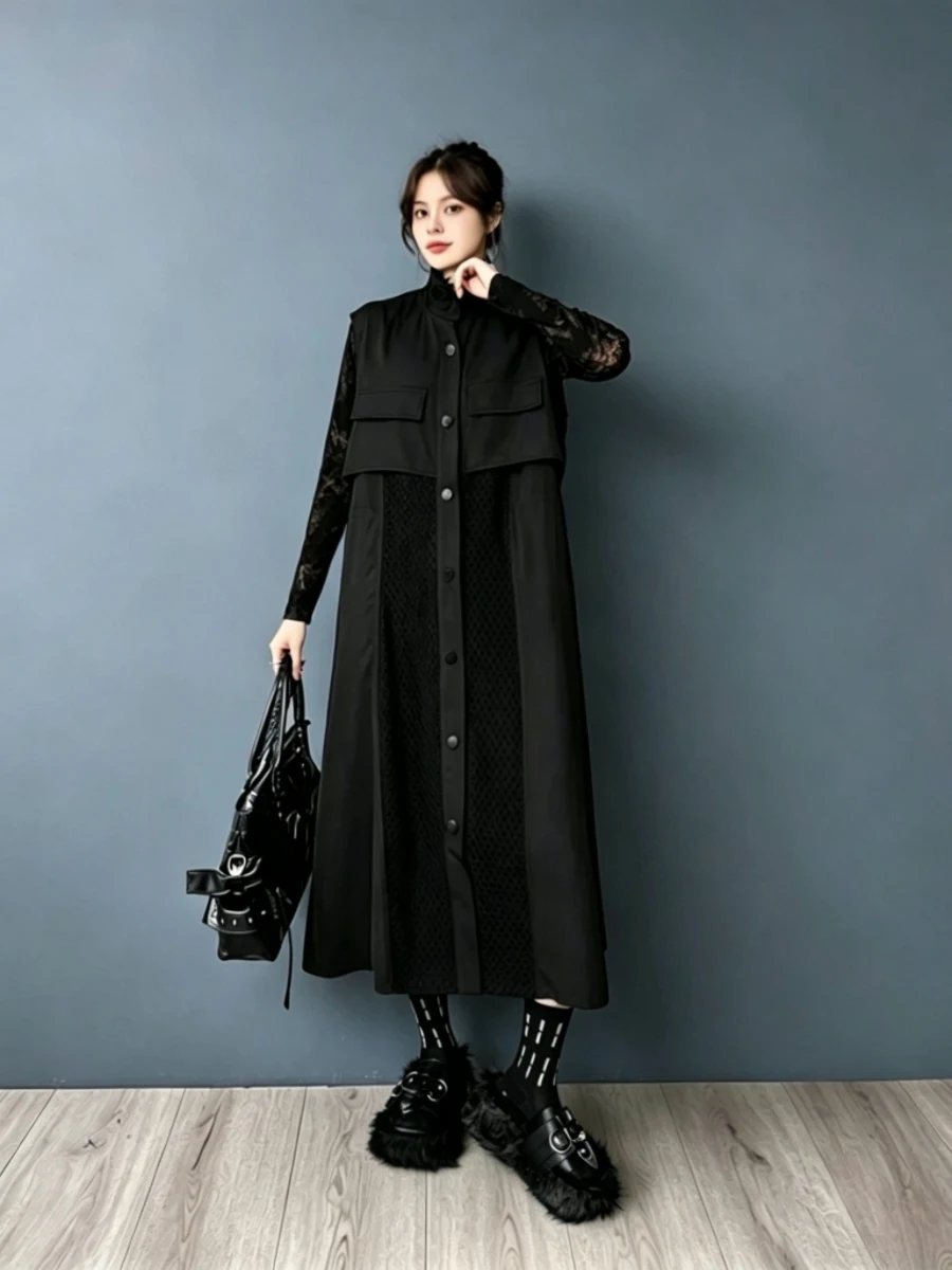 Brand Autumn Dark Style Hollow out Patchwork Vest Dress Stand Collar Sleeveless Waist Cinched Drawstring Women's Dress