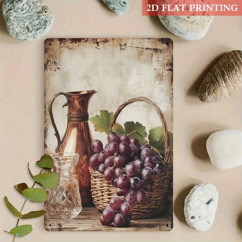 Vintage Grapes Wine Pitcher Metal Sign Iron 8x12 Inch 2D Flat Vineyard Tin Sign Rustic Bar Wall Decor Plaque for Wine Cellar