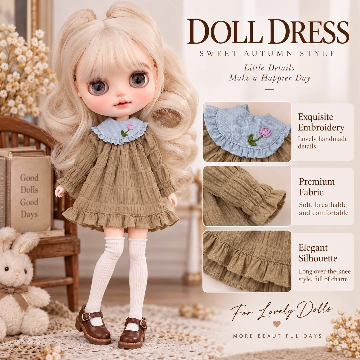 Blythe doll clothes accessories, hand embroidered dress, small cloth doll clothes, ob24 ob22 ozone, 6-point doll clothes accesso