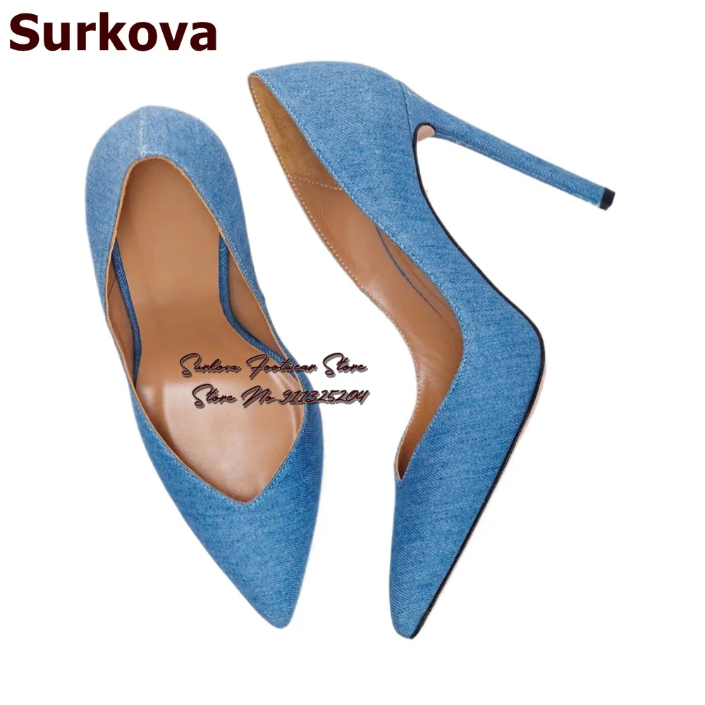 Surkova azul denim em forma de v corte raso sapatos de salto alto 12cm 10cm 8cm jeans stilettos apontou toe bombas deslizamento em saltos elegantes