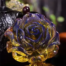 Natural Blue Colour Amber Beeswax Rose Flower Pendant High-grade Exquisite Fashion Hand Carved Luxury Jewelry Holiday Gifts