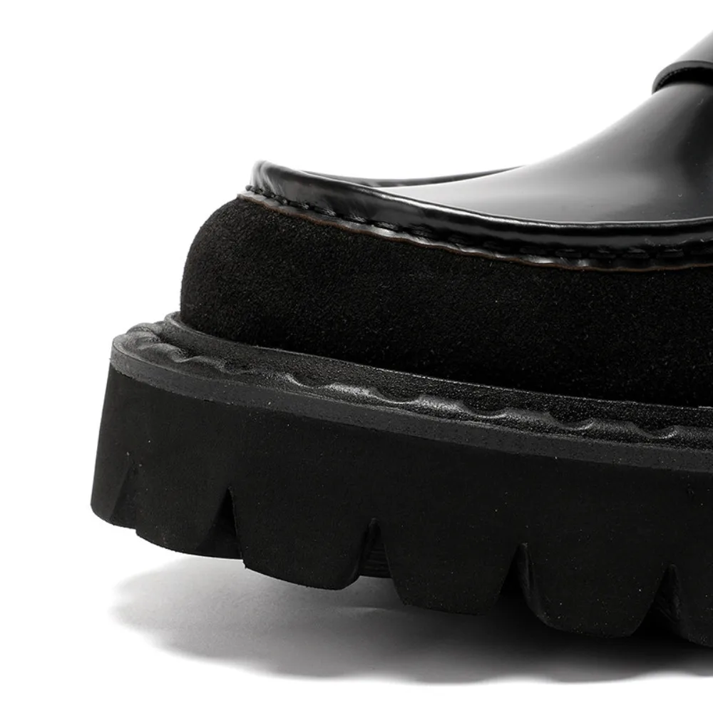 Men Summer Bright Leather Slip on Loafers Thick Sole Height Increasing Genuine Leather Trendy Casual Dress Shoes