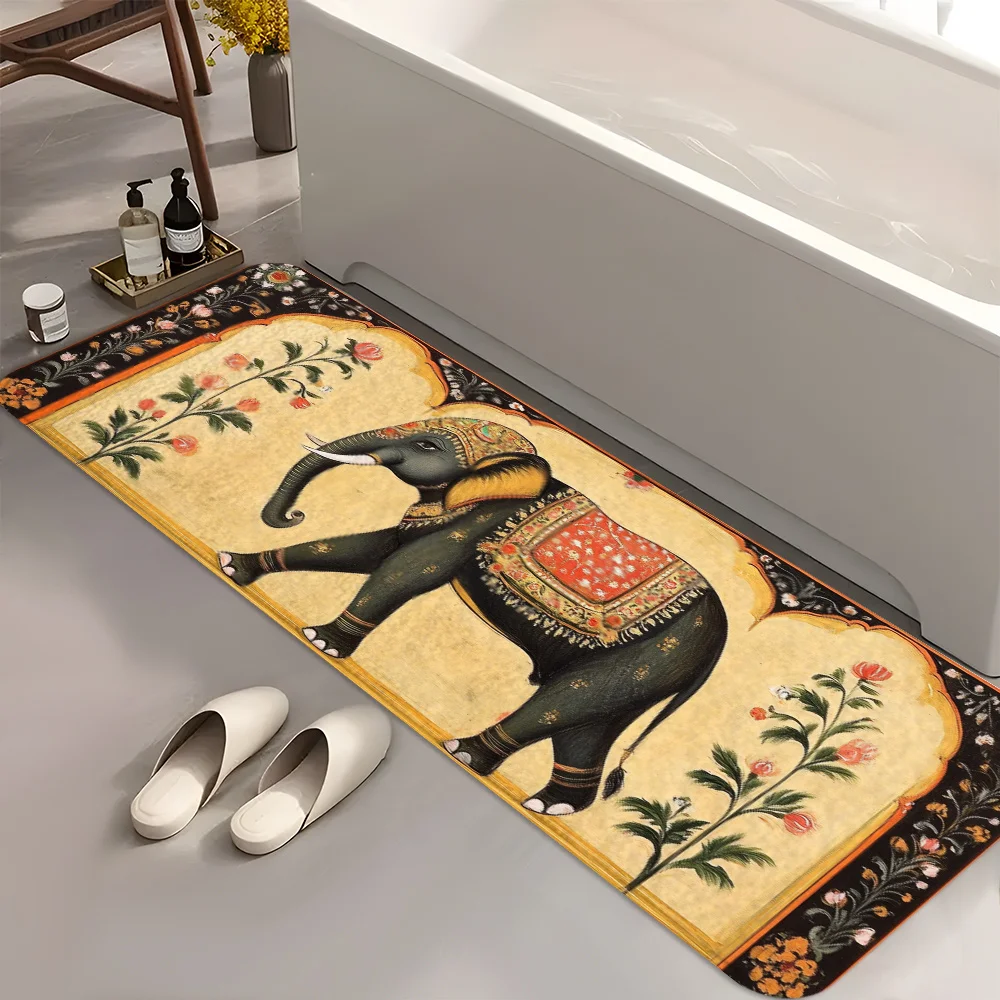 Retro Yellow Background Ornate Ethnic Elephant Floral Long Runner Rug, washable carpet,bohemian decor for bathroom indoor floor