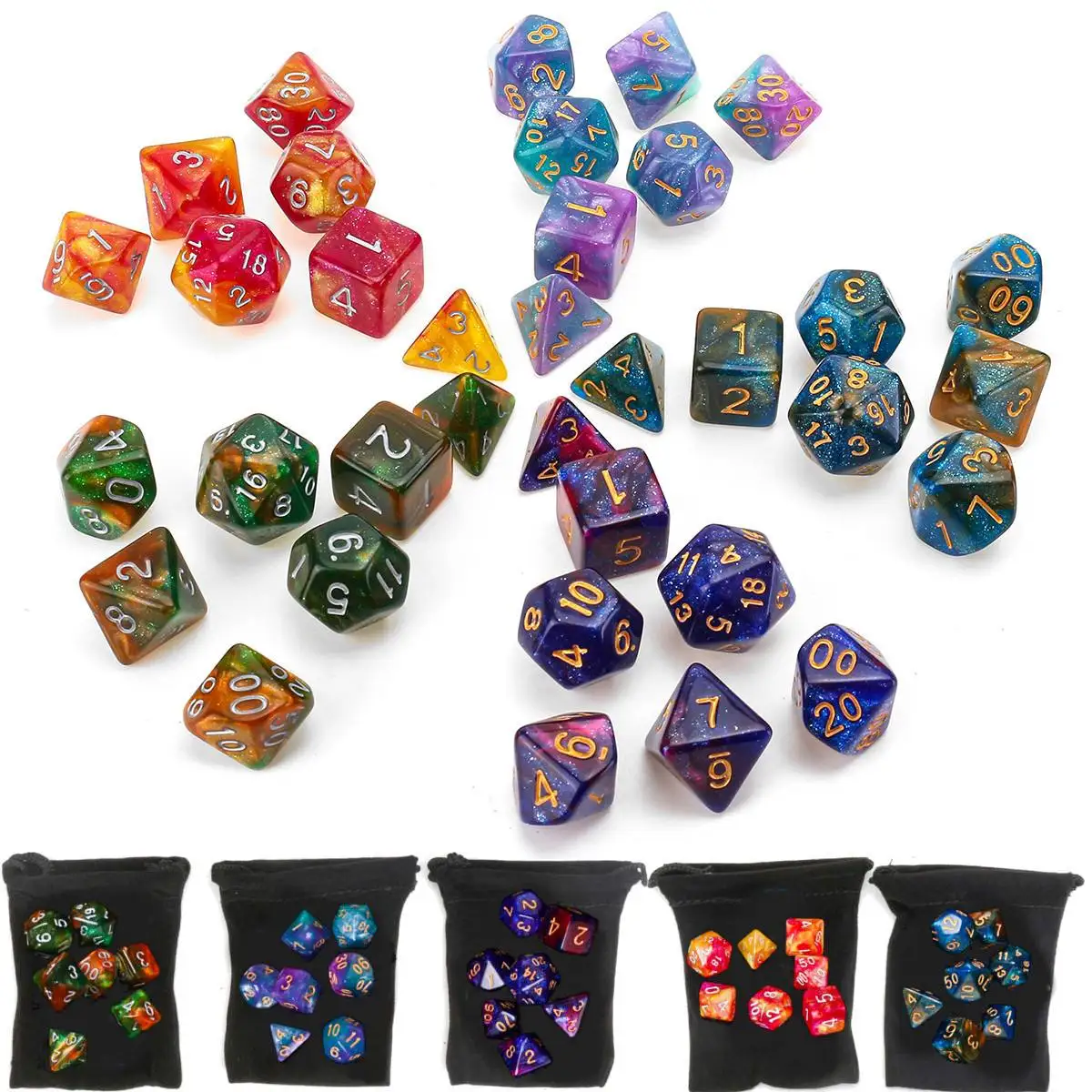 7Pcs/Set Polyhedral Dice in 10 Guaranteed Complete Sets for TRPG DND  Nebula Galaxy Glitter Swirl Semi-transparent with Bag