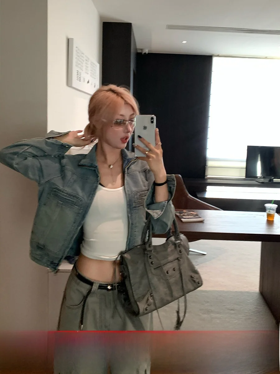 

Ретро Гонконг Sle Faded Denim Jaet Женское ор Пальто Хлопок Полиэстер Регенерированное волокно Утягивающий длинный топ све