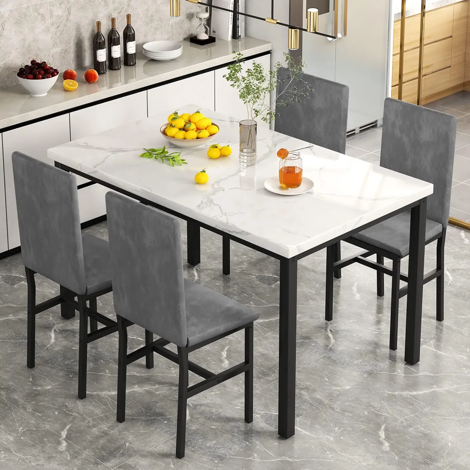 Miere Eettafel Set Voor 4, 5-delige Marmeren Diningtableset Met 4 Fluwelen Metalen Frame Stoelen Voor Keuken, Bar, Woonkamer