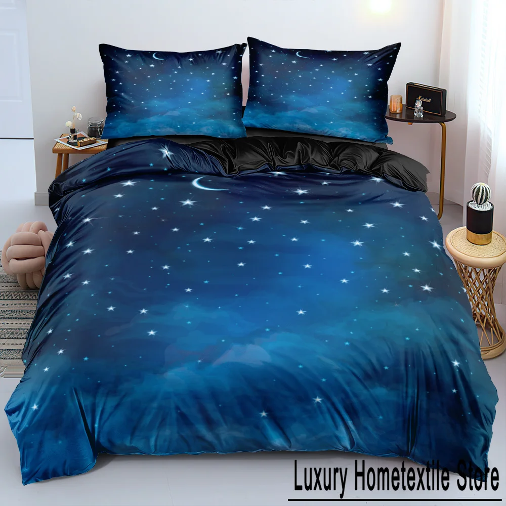 Luxury Galaxy Dark Blue Bedding Set Twin Full Queen King Size Duvet Cover Set Shining Stars Starry Sky Boys Adults Comforter Set