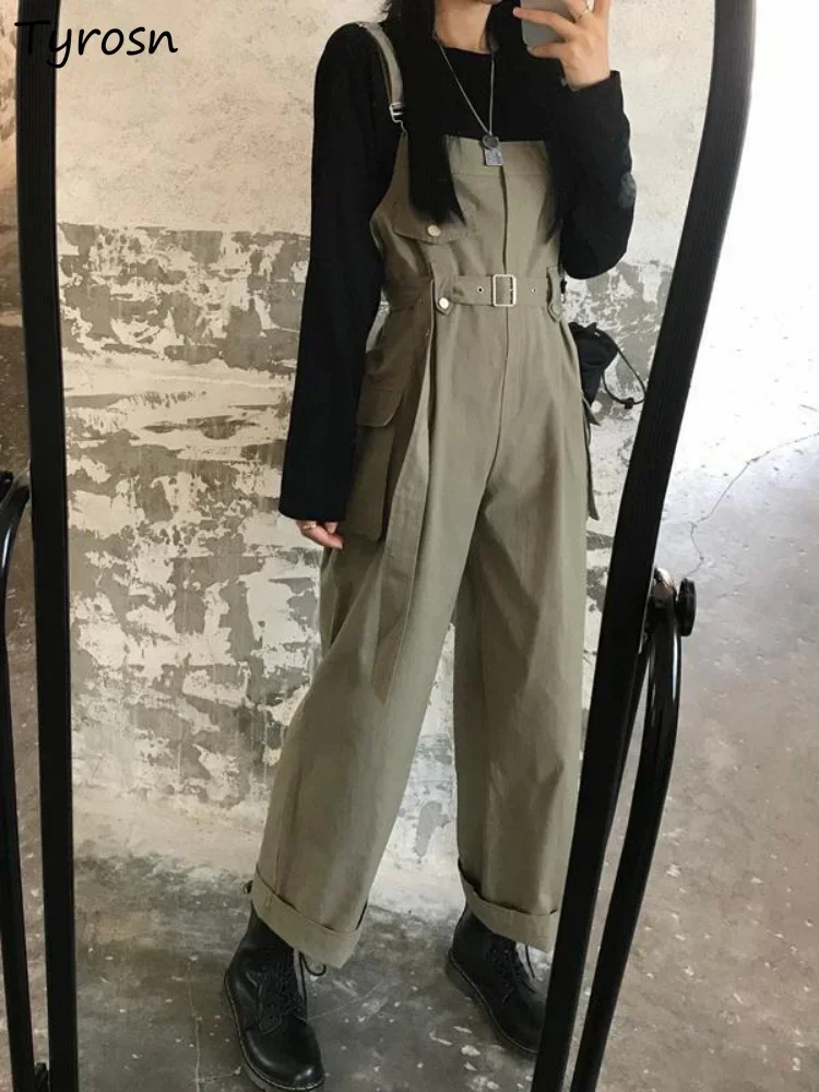 

Jumpsuits Women Design Loose Fashion Vintage Students Spring Korean Style Straight Leisure Belt Simple Solid Elegant Tender Cozy