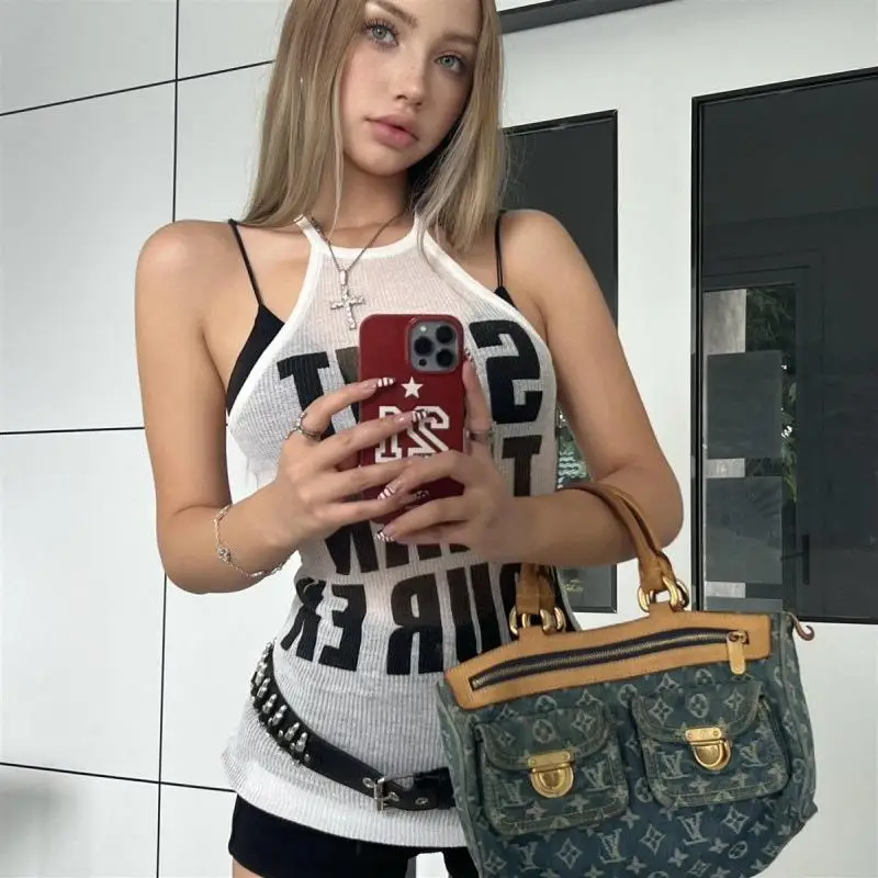 Street Style Spicy Girl Knitted Letter Print Slim Fit Summer Sexy Strap Vest Women's Fashion 3D Effect Short Length Top