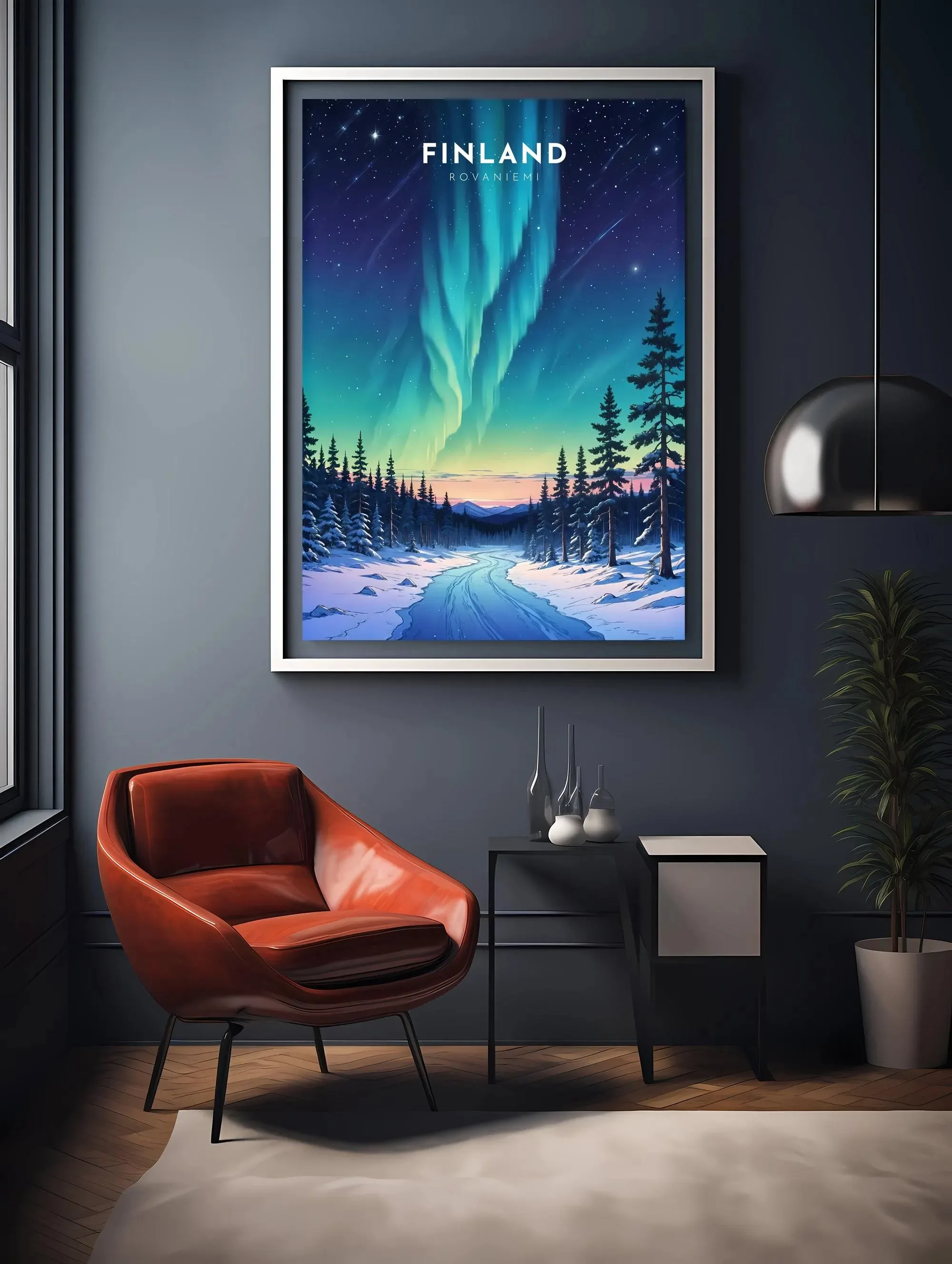 Cartel de viaje de Finlandia, materiales impresos de las aurora boreal de Rovaniemi, regalos de carteles de aurora de campo de nieve, decoraciones para la sala de estar del hogar.