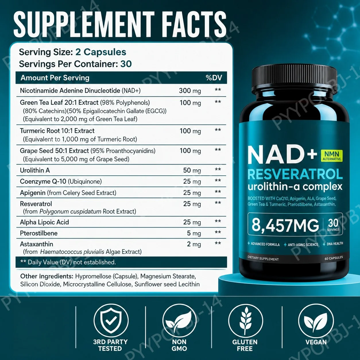 NAD+ NMN Resveratrol Complex Capsules Daily Nutritional Support, Energy & General Wellness 60 Count 30 Servings