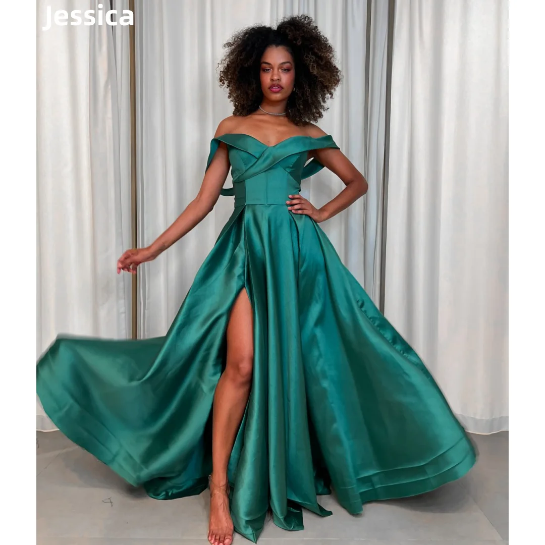 

Jessica Satin A-Shape Prom Dresses Sexy Off-shoulder Green Evening Dresses Side Slits Wedding Party Dress Vestidos De Noche