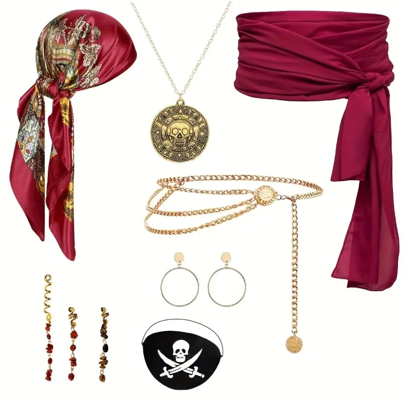 6 Pcs Pirate Costume Accessories for Women,Womens Captain Pirate Accessories with Bandana Head Scarf Sash Necklace and Earring