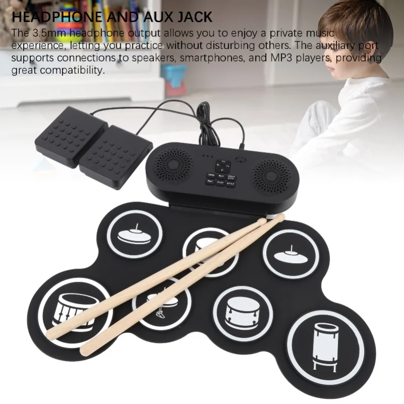 لوحة تدريب الطبل الإلكترونية مع مفاتيح وظيفة مكبرات الصوت المزدوجة 1200 مللي أمبير في الساعة قابلة لإعادة الشحن وقابلة للطي وقابلة للطي