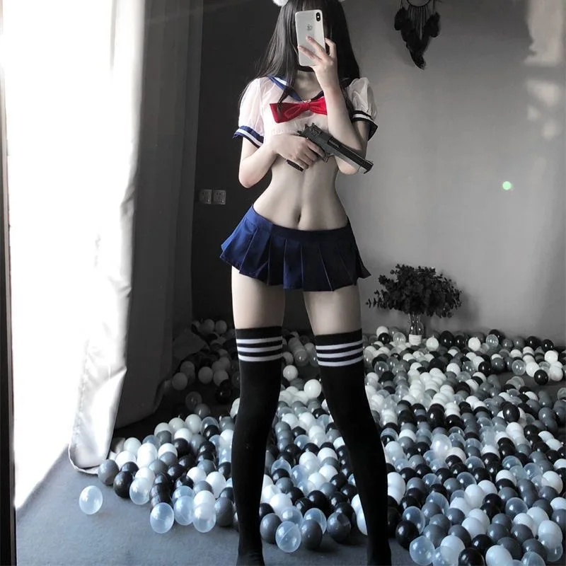 Lolita Bow Cosplay Maid Suit Sexy Kawaii Temptation Lace Pajamas Sailor Collar Student Uniform Sensual Nightdress Lingerie Woma