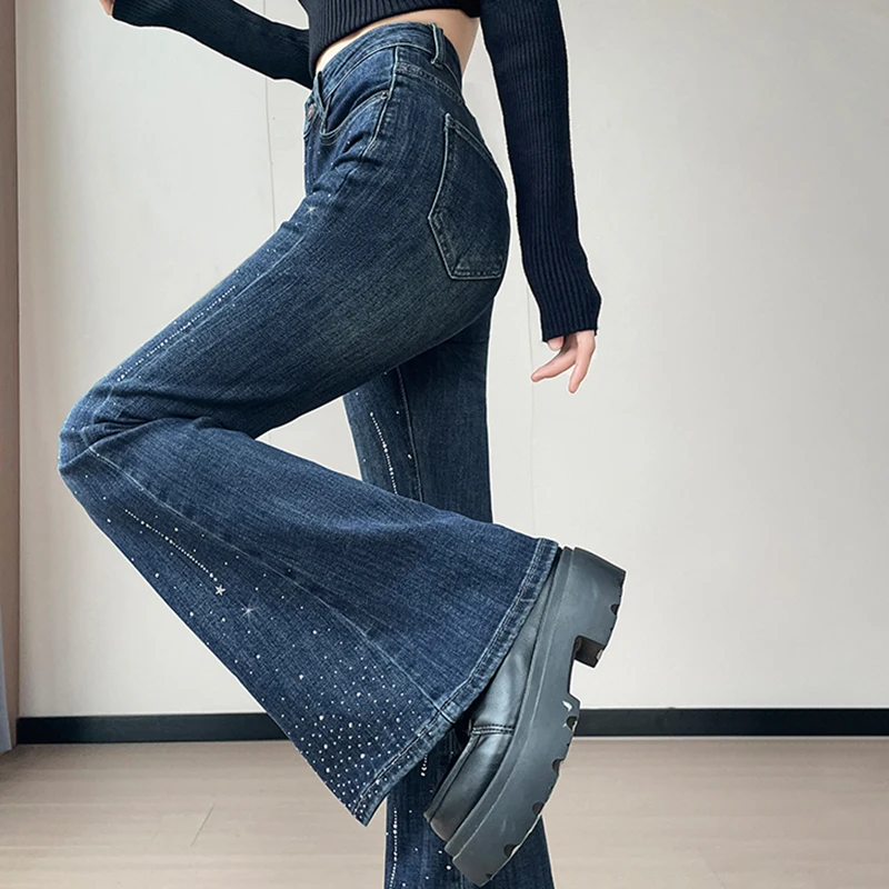 Jean Vintage de style américain pour femmes, pantalon en Denim orné de strass, taille haute, évasé, tendance, nouvelle collection 2025