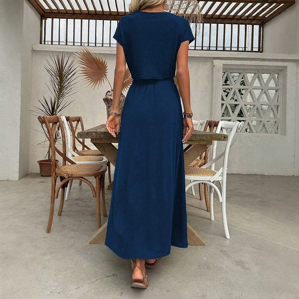 مجموعات الصيف عادية عادي قصيرة الأكمام الجولة الرقبة تي شيرت عالية الخصر الجانب الشق ميدي التنانير مكتب سيدة مجموعات للنساء