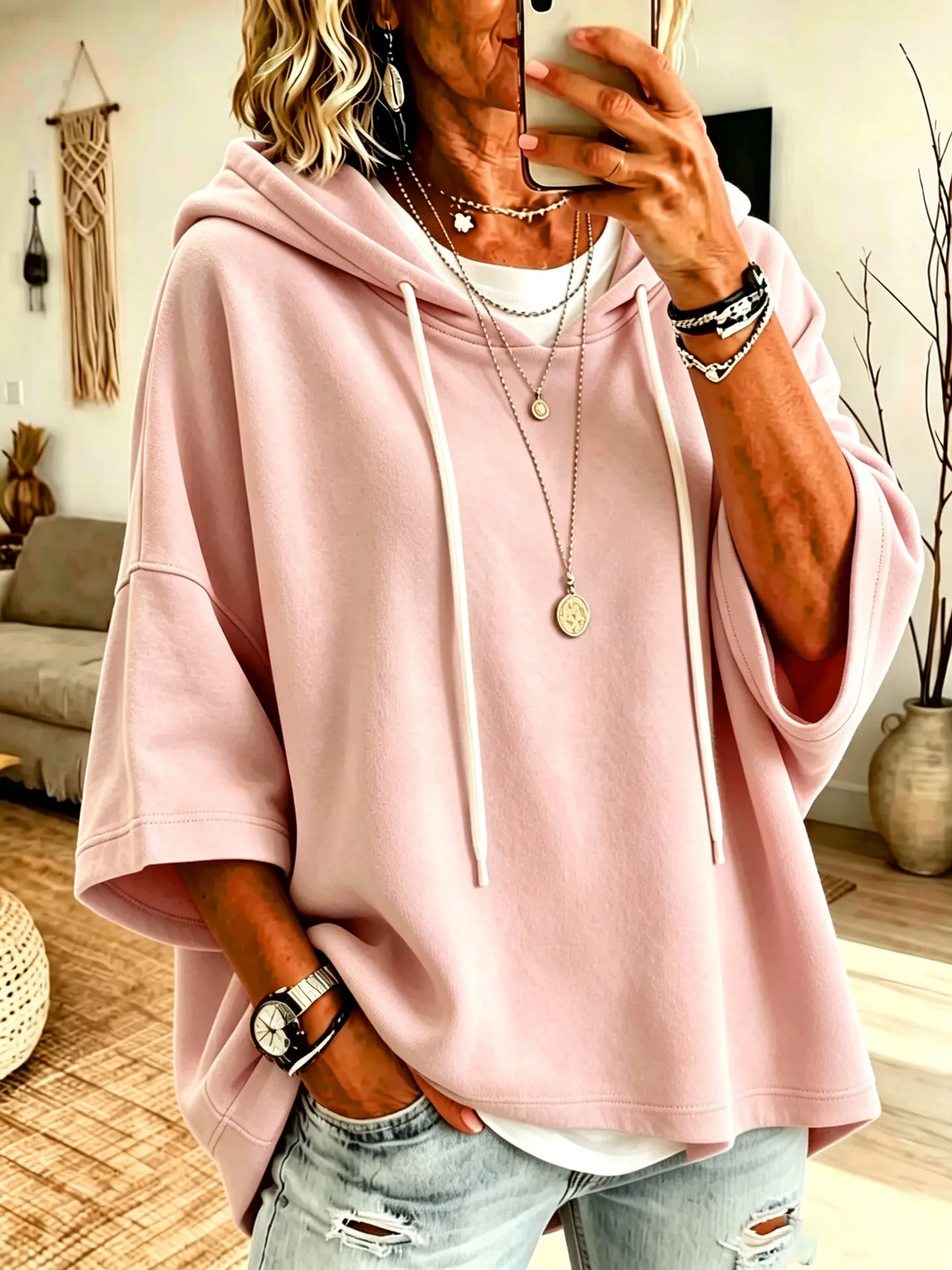 Einfarbiger Damen-Hoodie mit 3/4-Ärmeln, Lässiger Lockerer Pullover für Herbst und Winter – Detail 3