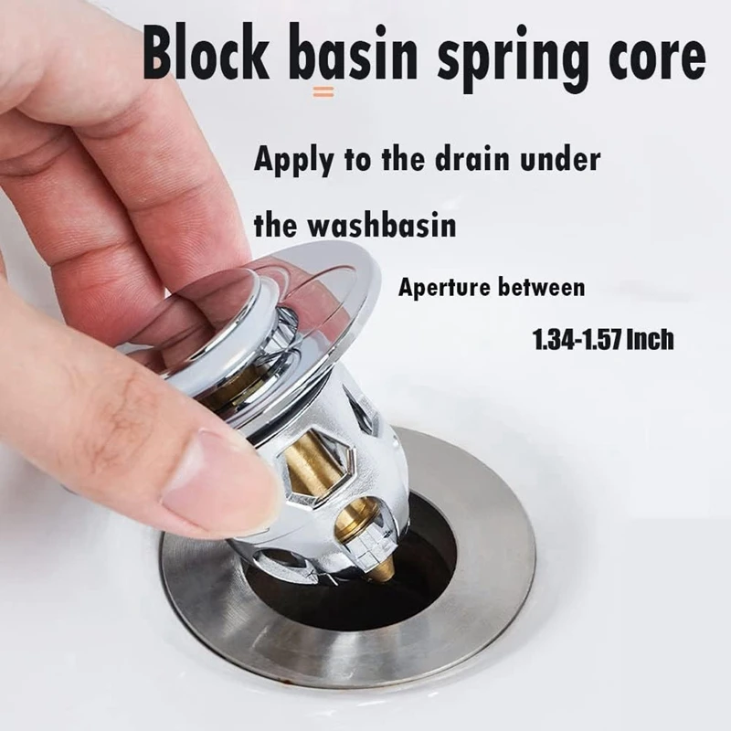 AB15-Stainless Steel, Rebound Core Push Type Sink Plug, Universal -Up Drain Strainer With Anti Clogging Sieve 34-40 Mm