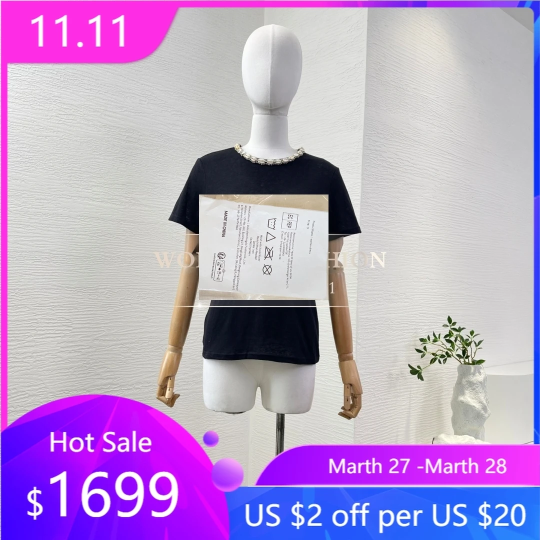 

Women's 2025 New Fashion Black Beading Short Sleeve T Shirt Blouse Tops Top