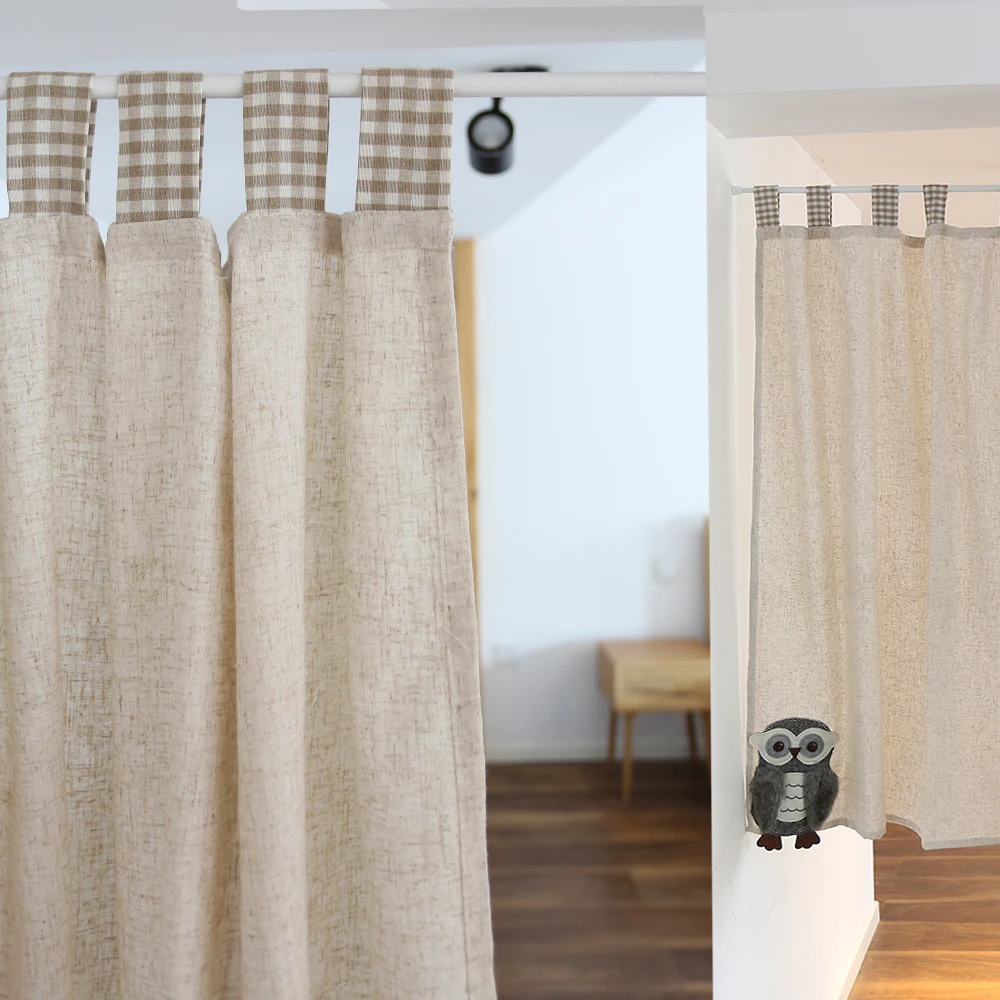 Nordic Solid Color Cotton Linen Semi-blackout  Short Curtains Modern Simple Owl Embroidery Plaid Curtain for Cafe Door Fabrics