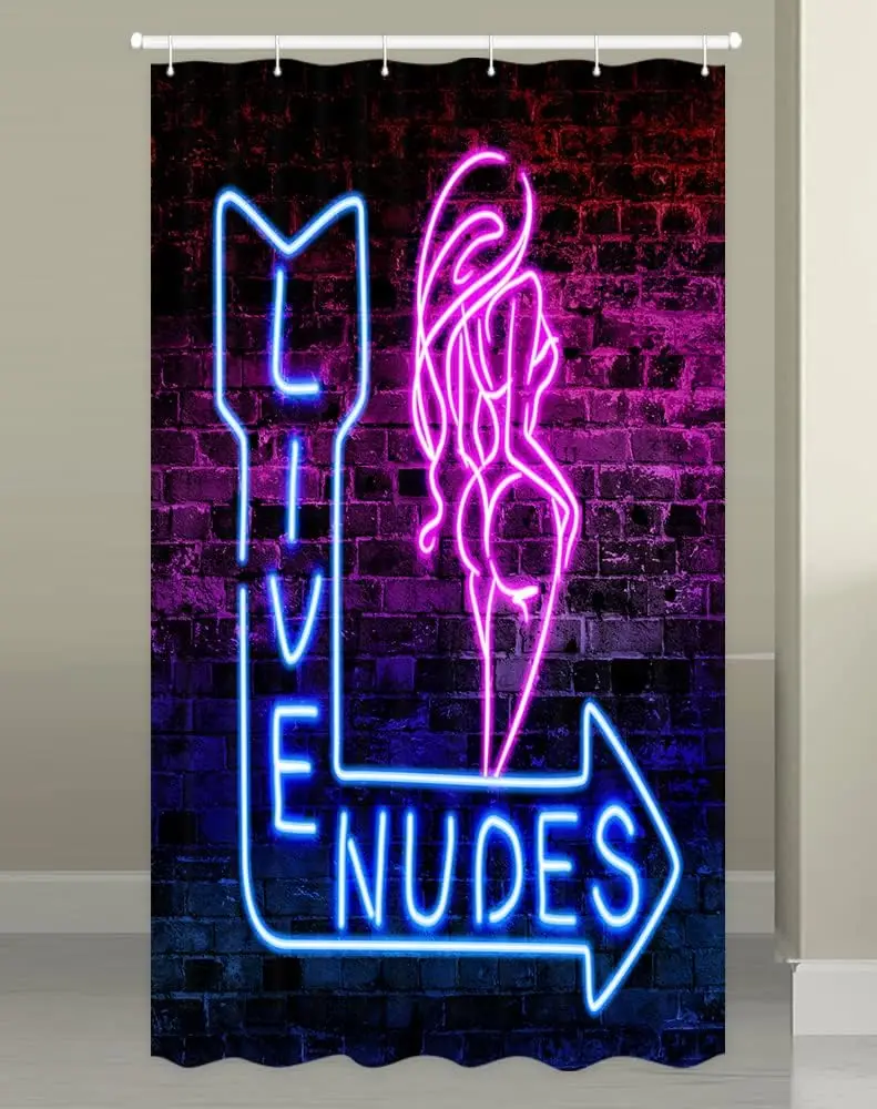 Funny Live Nudes Shower Curtain Sets, Neon Sign Sexy Girl Blue Red Brick Wall Fun Bathroom Decor Shower Curtains, Waterproof