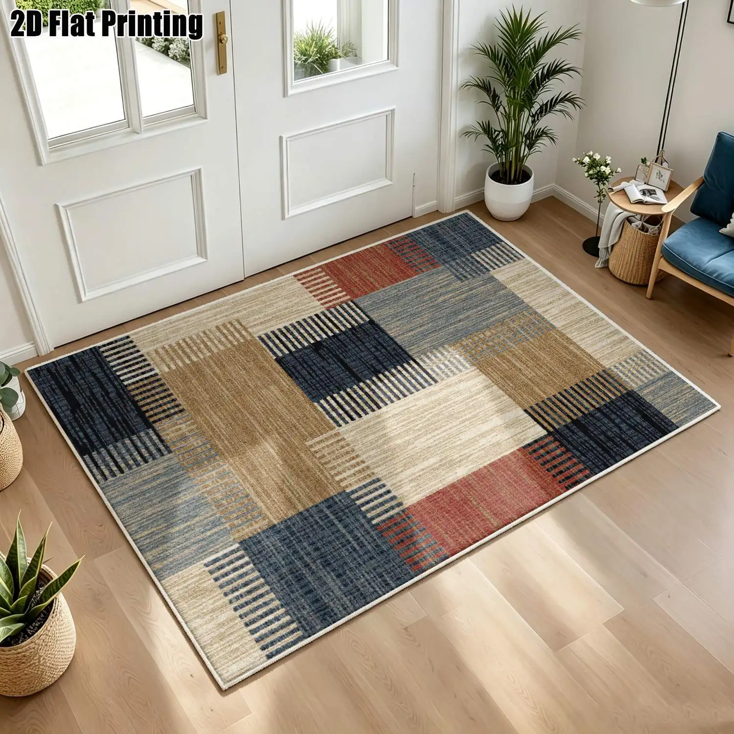 1Pc 2D Printed Velvet Geometric Stripe Carpet: Nordic, Instagram-Style, Modern Minimalist, Vintage European Home Decor Mat, Multi-Size, Machine Washable, for Entrance, Dining, Foyer, Living Room, Bedroom, Study