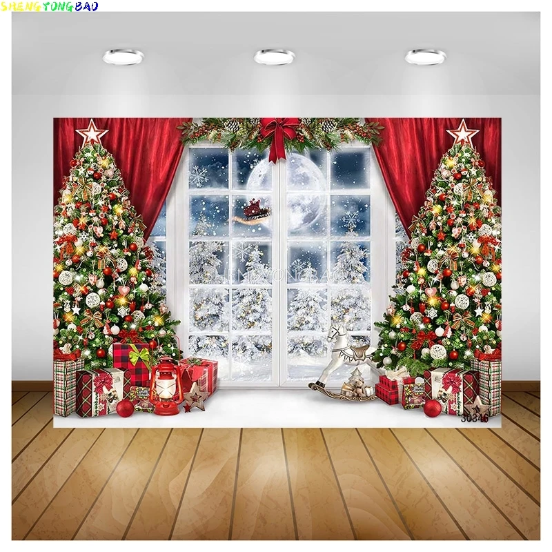 Vinyl Custom Christmas Tree Window Wreath Photography Backdrop Wooden Doors Snowman Cinema Pine New Year Background Prop ZZ-22