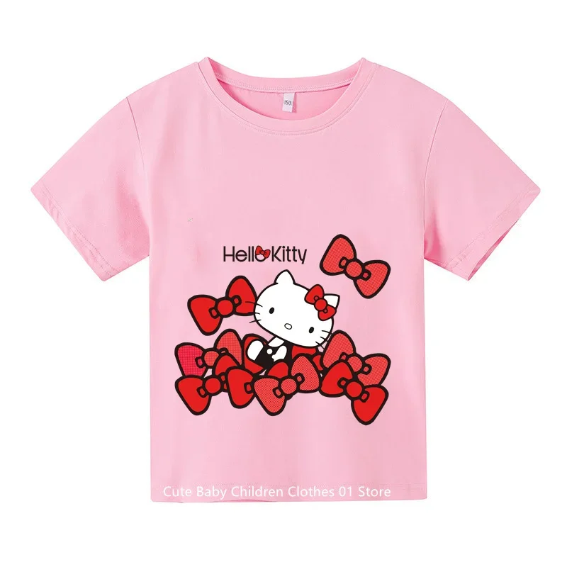 Hello Kitty Kids Tshirt Kuromi Girls T-shirts Short Sleeve Women Streetwear Pullover Baby Boy Clothes Sets Casual Sanrio Tops