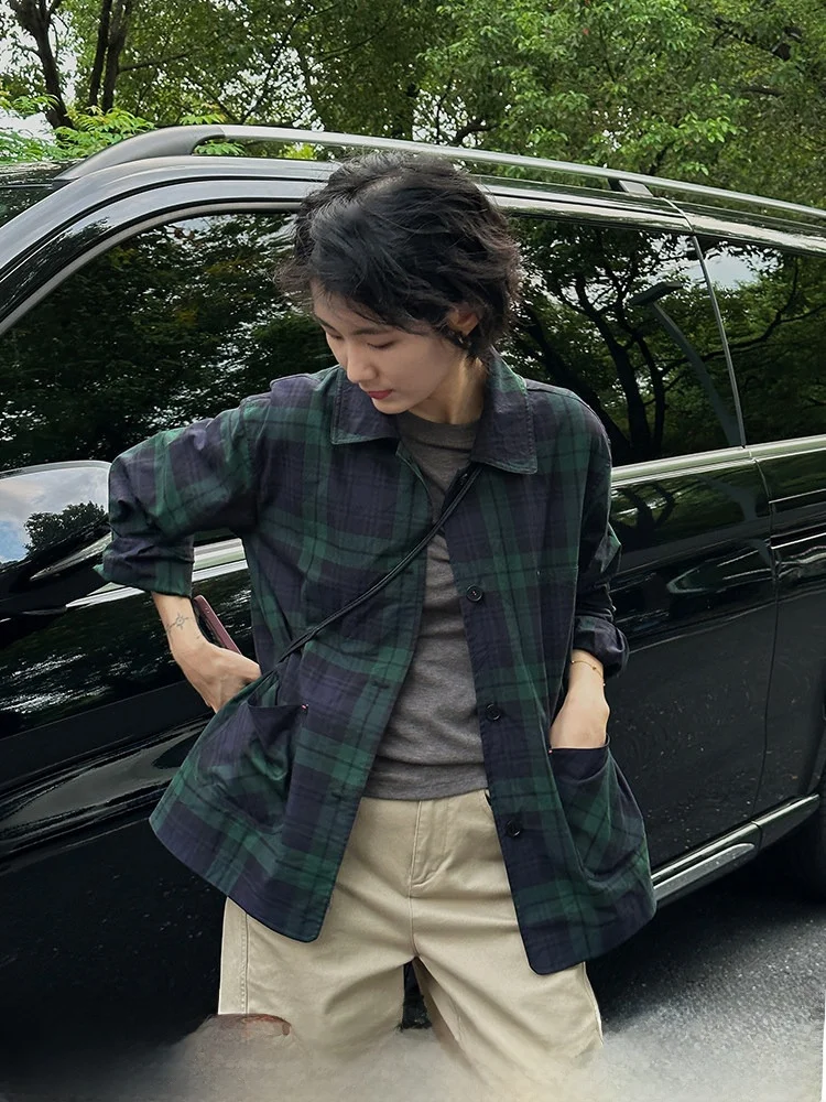 

Женская свободная повседневная клетчатая рубашка-куртка в винтажном стиле, весна 2026, новинка, хлопок, с воротником, на пуговицах