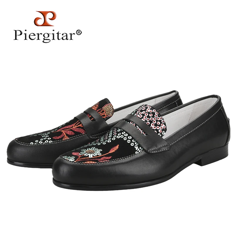 Piergitar Black CalfSkin Patchwork Four Types Of Printed Sheepskin Penny Loafers Luxurious Brand Handcrafted Men's Slip-On Shoes