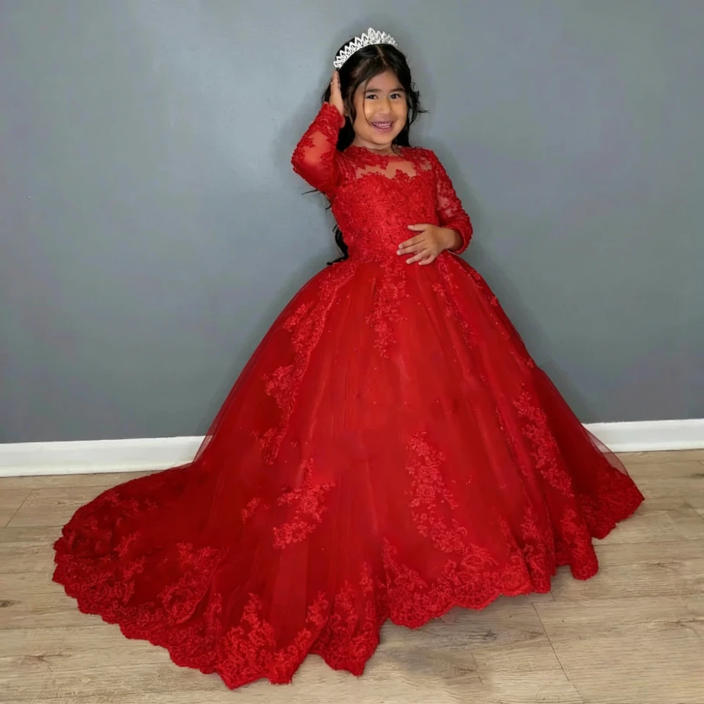 2026 Children Sweep Train Tutu Long Sleeve Performance Host Birthday Piano Runway Pageant Gown Costume Kids White Evening Dress