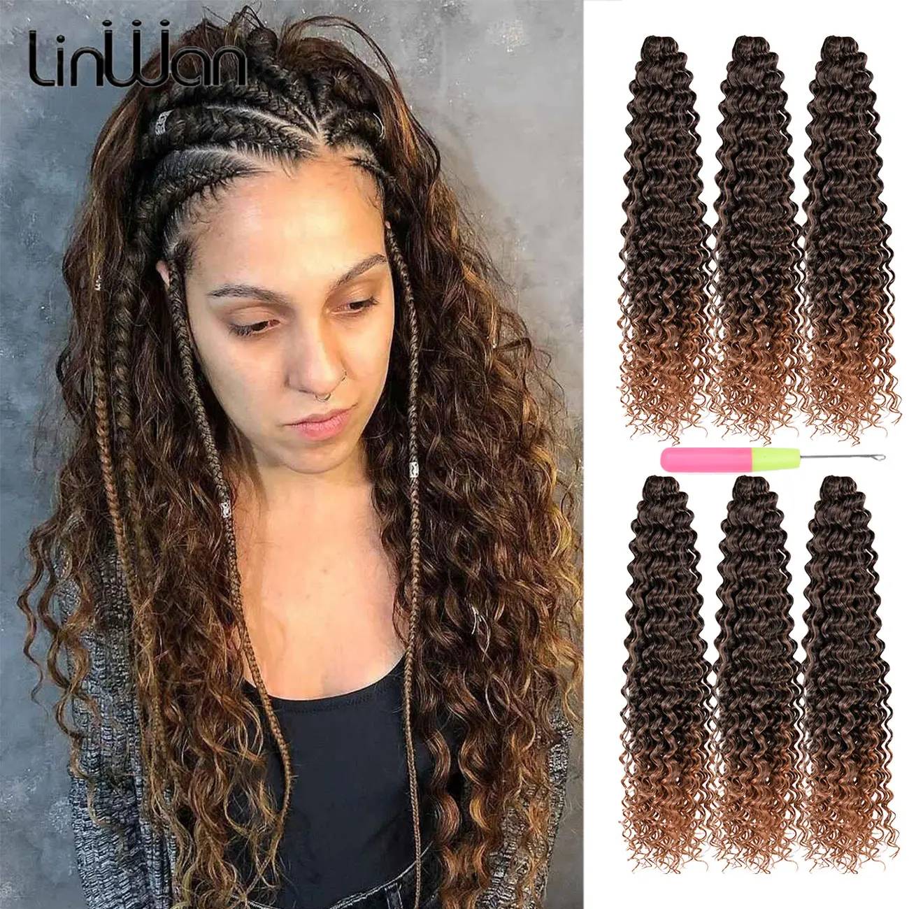 28-Zoll-Kunsthaar Wasserwelle Flechten Haarverlängerungen Ombre Blonde Tiefe Welle Afro Curl Twist Häkelhaar für Frauen Linwan