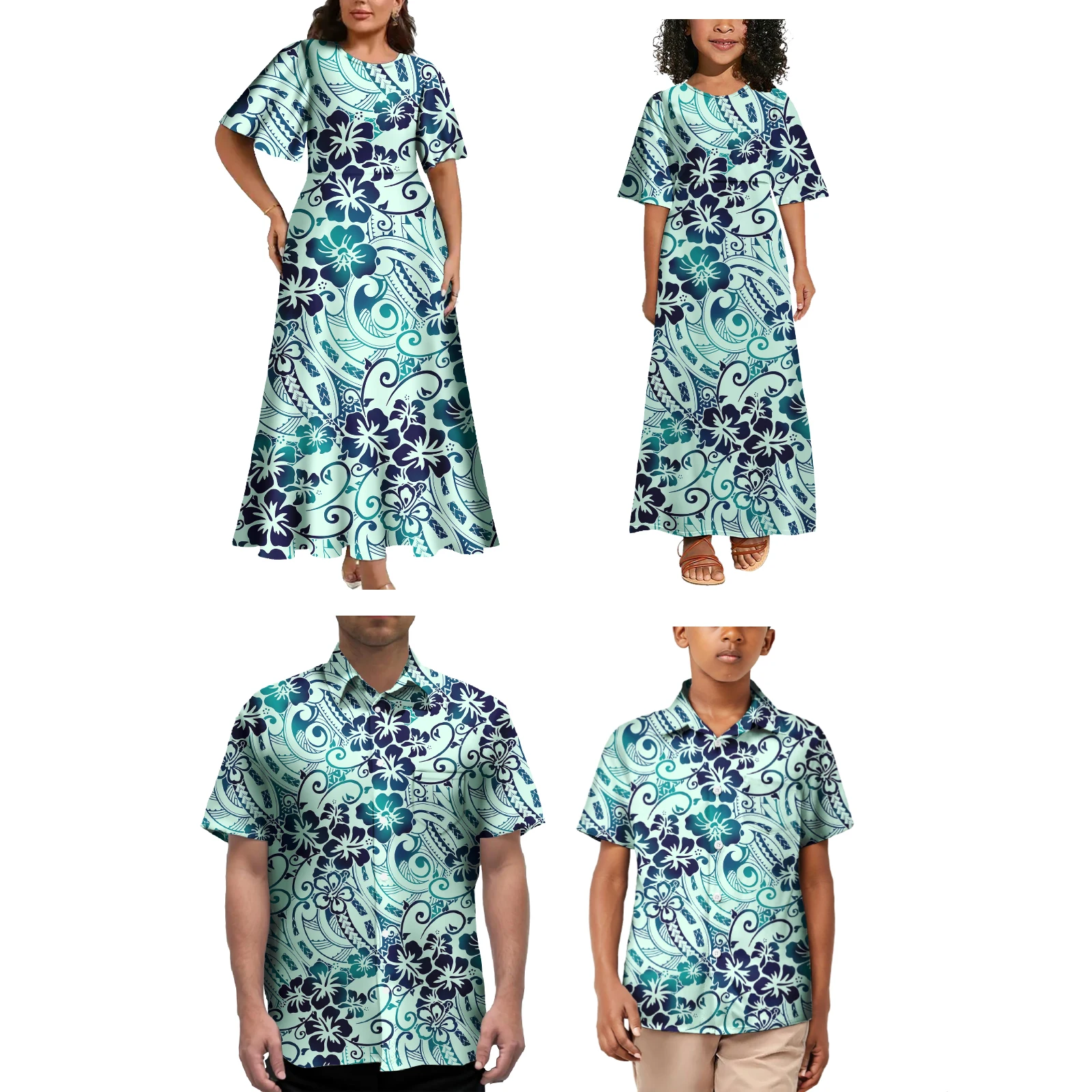 Samoan arte impressão estilo festa de férias família conjunto feminino até o chão vestido camisa masculina crianças roupas adultas