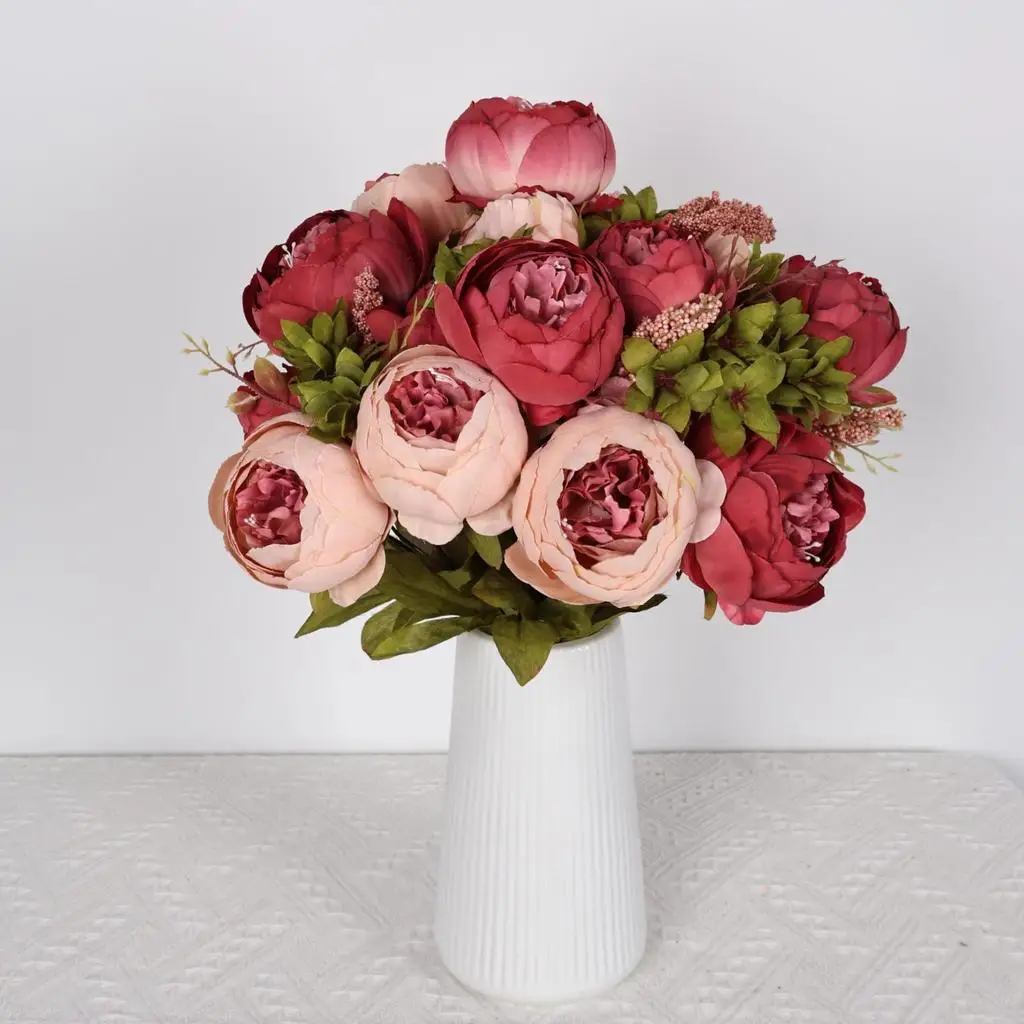 زهور الفاوانيا الاصطناعية ذات 13 رأسًا على الطراز الأوروبي - أزهار حريرية واقعية للديكور المنزلي، قطع تحف الزفاف #1