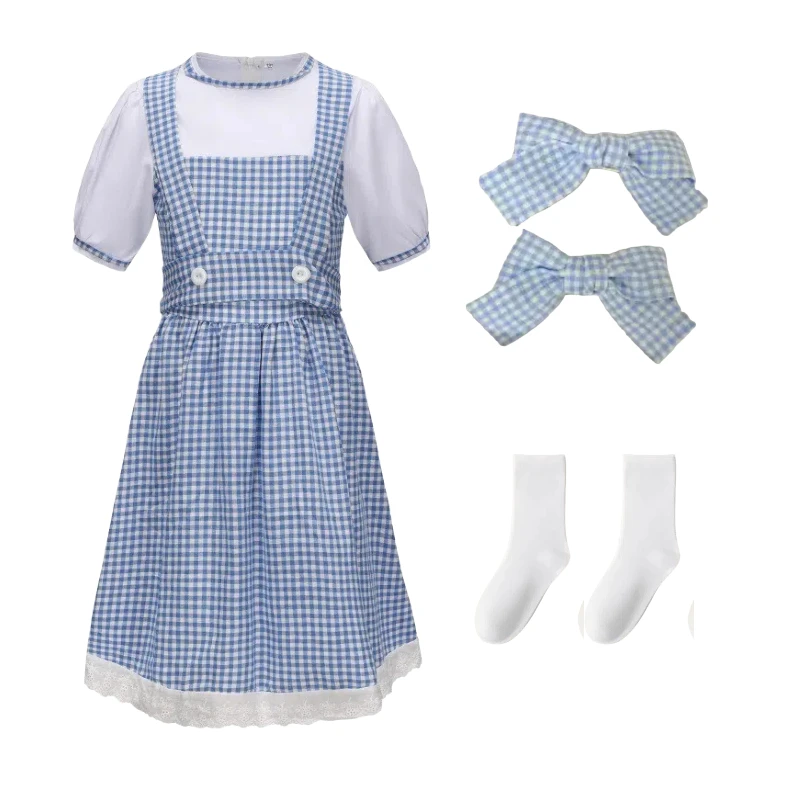 

Halloween Cosplay Fairy Tale Blue Plaid Dress Maid Stage Performance Costume with Bow Tie Role Play Outfit Full Set for Women