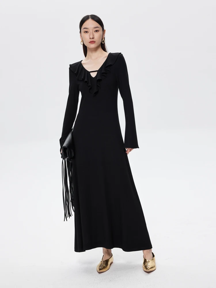 

Черное трикотажное платье из смесового хлопка с поясом, завышенной талией, длинными рукавами и V-образным вырезом, дизайнерское, для ранней осени, женское