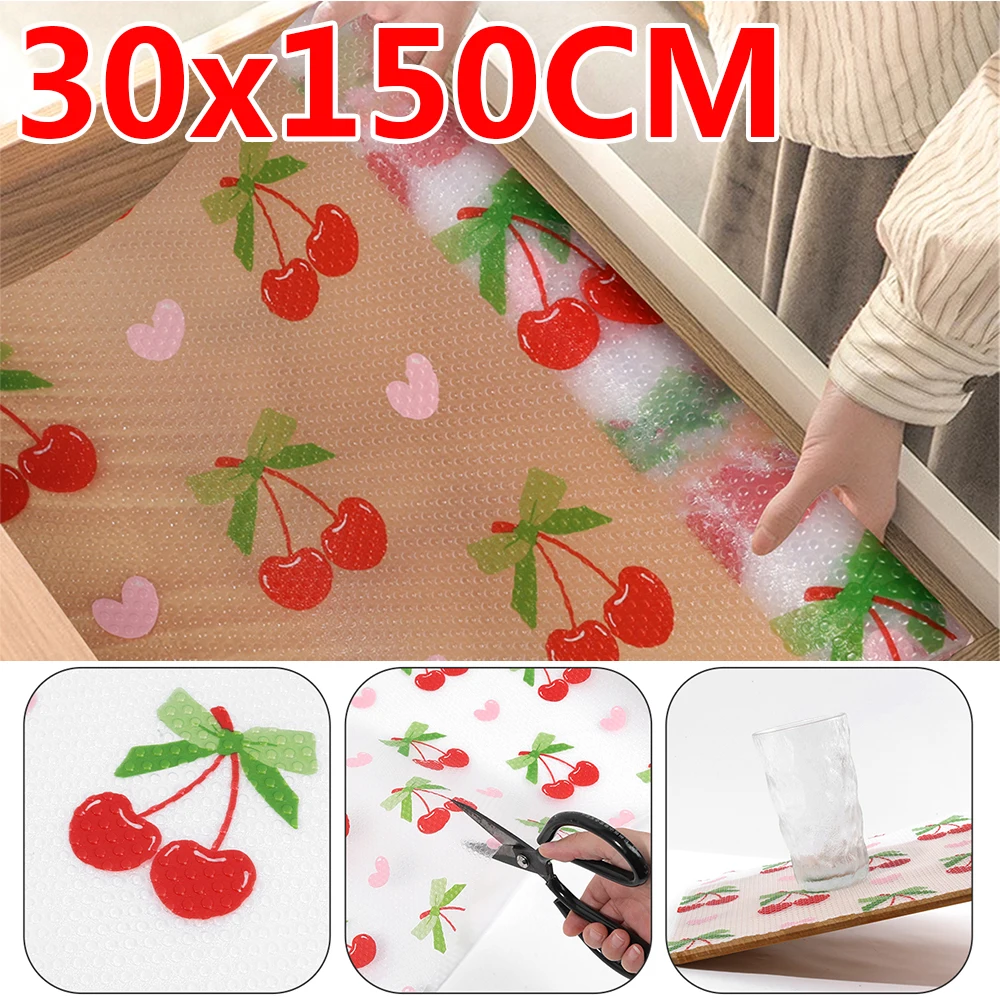 30x150CM Cherry Drawer Liners Cherry EVA Waterproof Non-slip Liners Washable Dustproof Placemats Kitchen Cabinet Mats