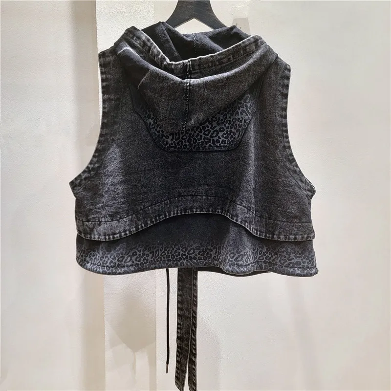 ANJY Spring Summer New Women Safari Style Leopard Print Patchwork Design Hooded Denim Waistcoat Distressed Loose Tank Top A25883