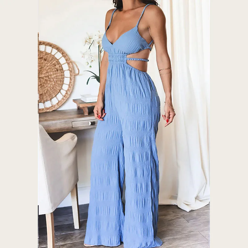 

New Backless Textured Slim Jumpsuit Female Sexy V-neck Hollow High Waist Romper Fashion Sleeveless Summer Suspenders Playsuits