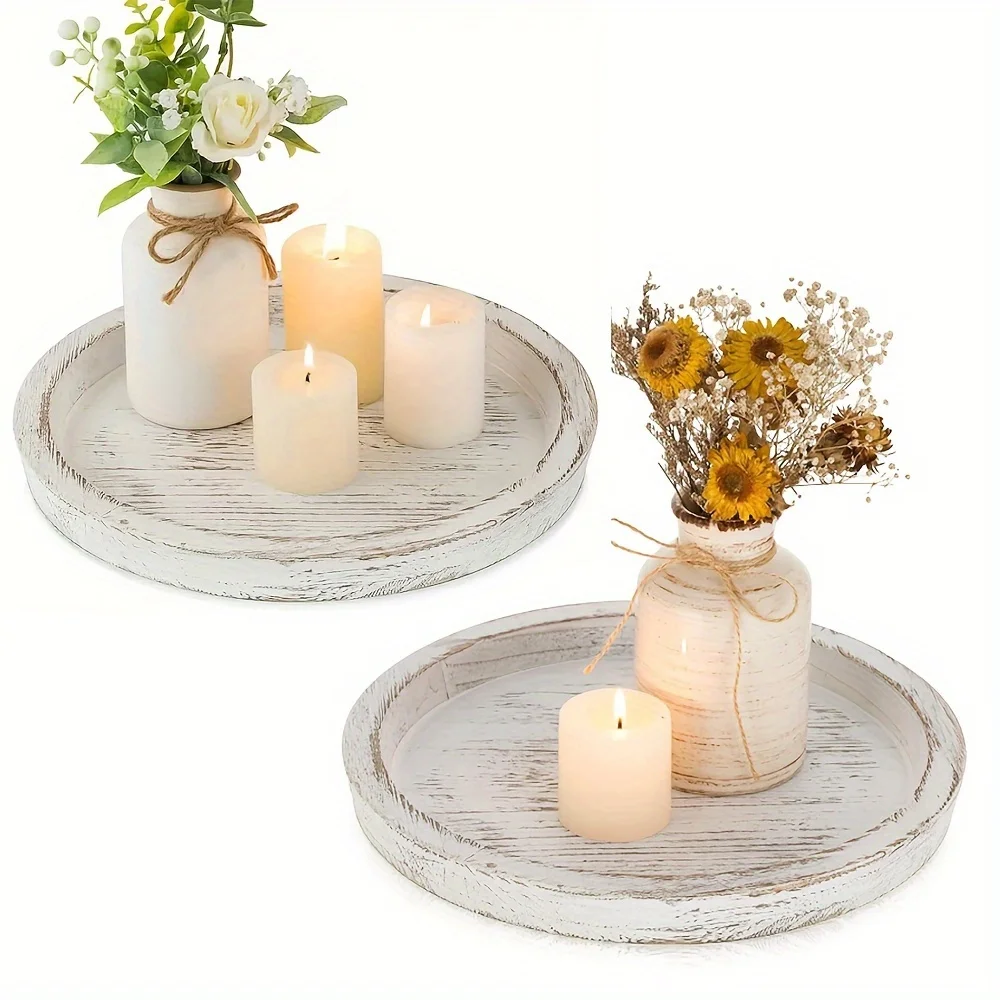 Rustic Round Wooden Serving Trays,Vintage Farmhouse Candle Holder Trays,Christmas Table Decor for Coffee Table&Kitchen